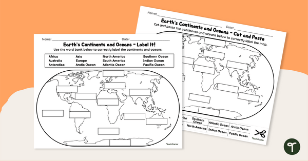 Labeling the continents and oceans worksheets teach starter