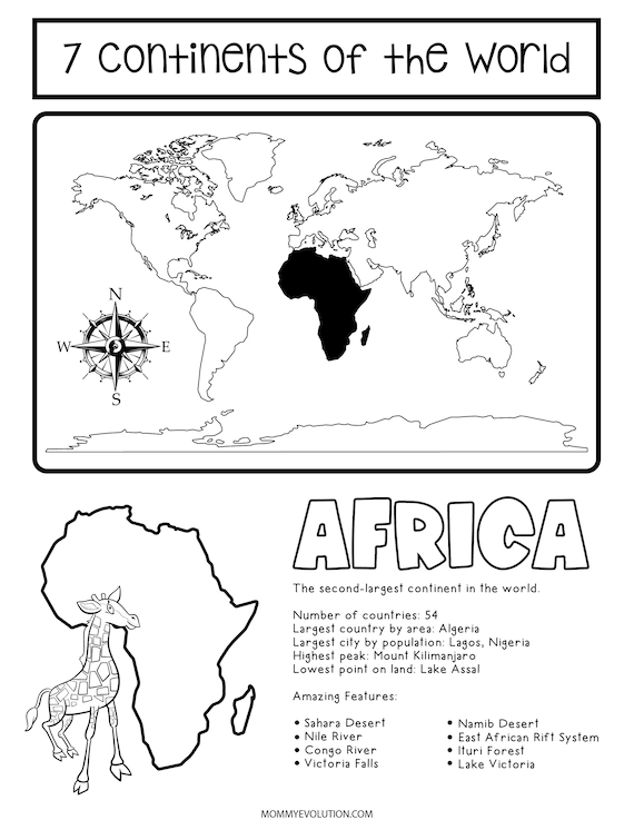 Continents worksheets for kids coloring and information pages