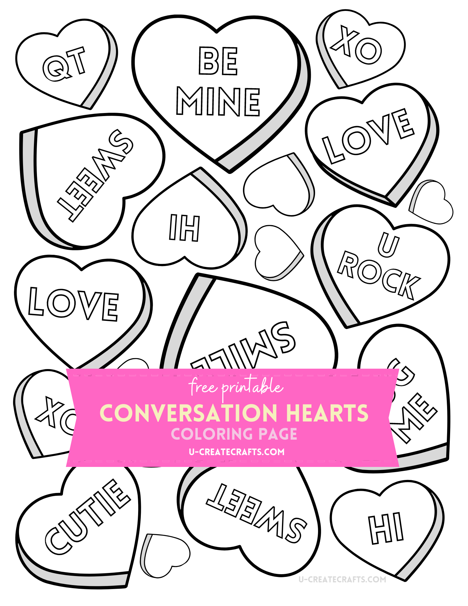 Conversation hearts valentine coloring page