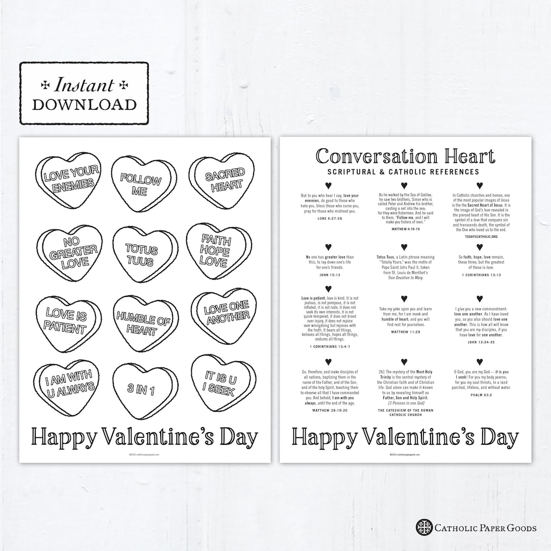 Catholic conversation hearts coloring page catholic valentines day printable coloring page digital pdf valentines day coloring page