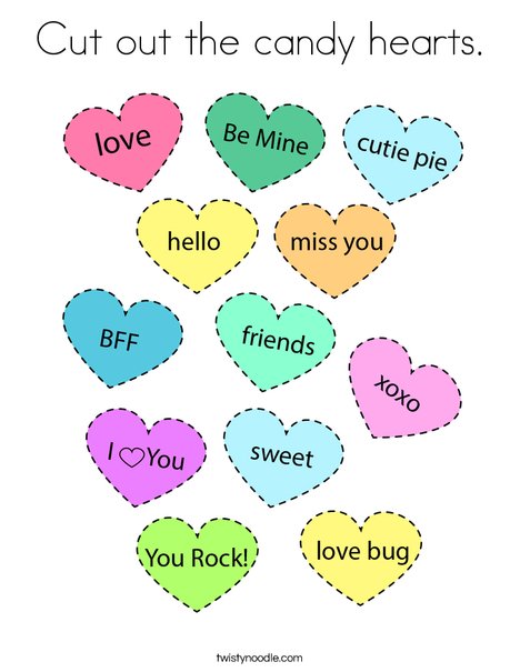 Cut out the candy hearts coloring page