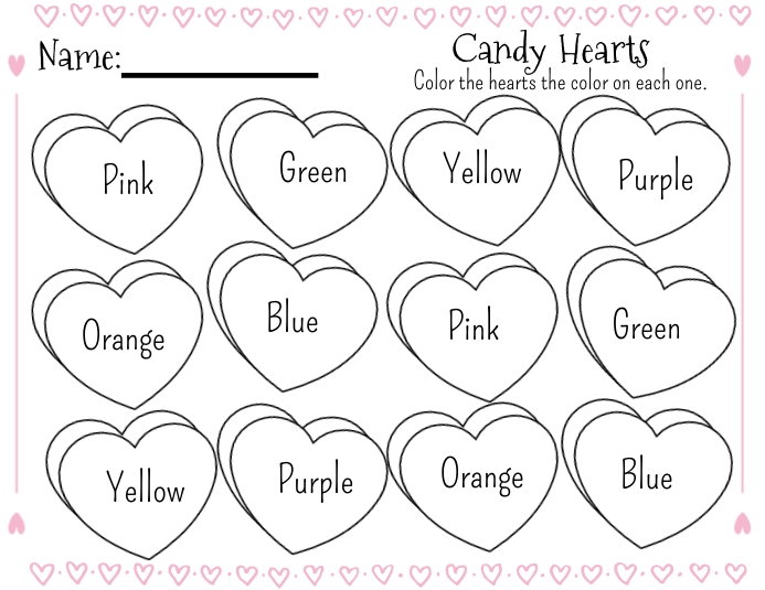 Candy hearts coloring worksheet template