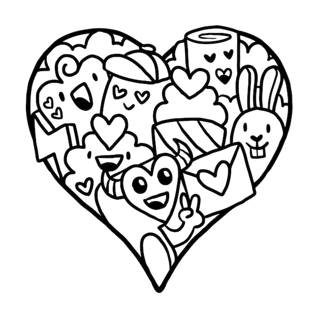 Premium vector heart doodle cute valentine coloring page