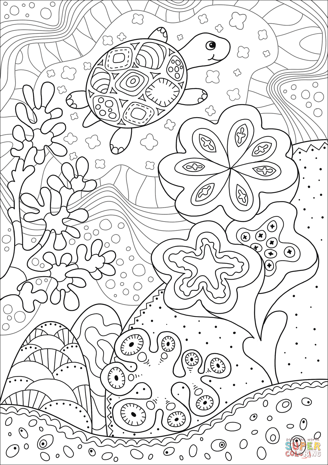 Cute sea turtle in coral reef coloring page free printable coloring pages