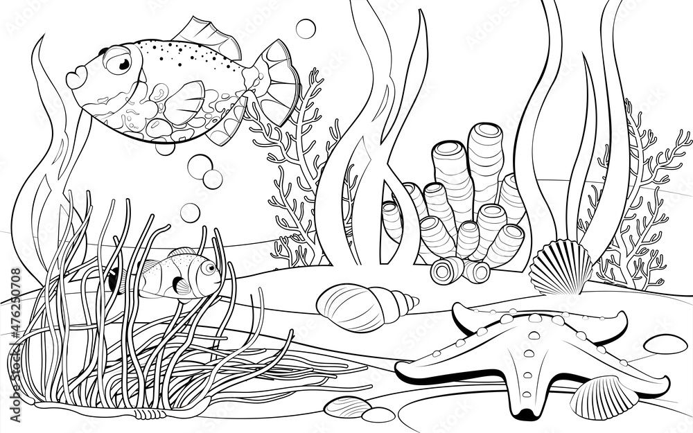 Underwater scene with cute tropical fish and coral reef printable coloring page for kids black and white vector illustration vector