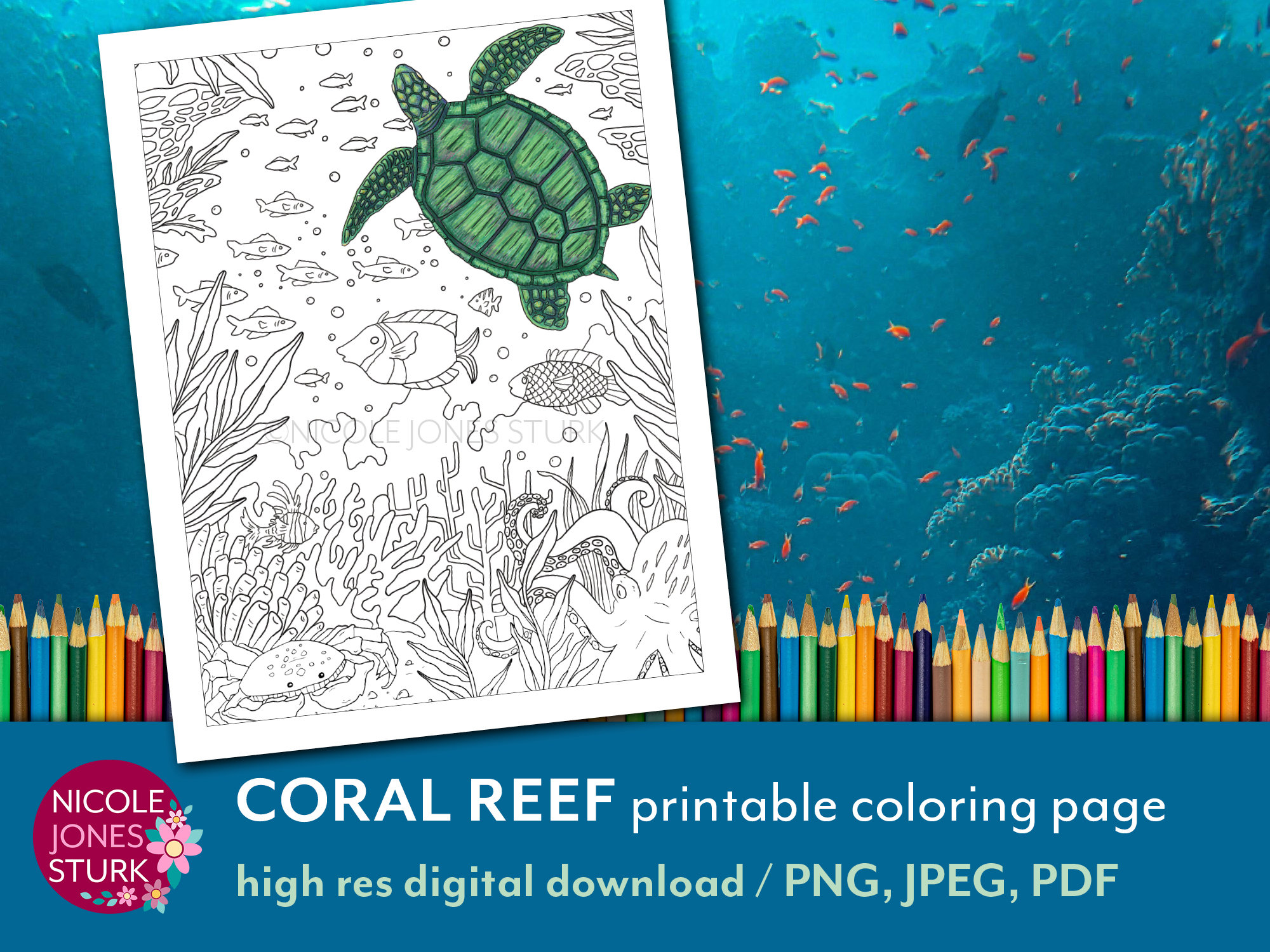 Coral reef ocean printable coloring page digital adult coloring page for procreate jpg png pdf instant download