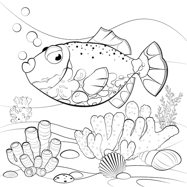 Premium vector underwater scene with cute tropical fish and coral reef printable coloring page for kids