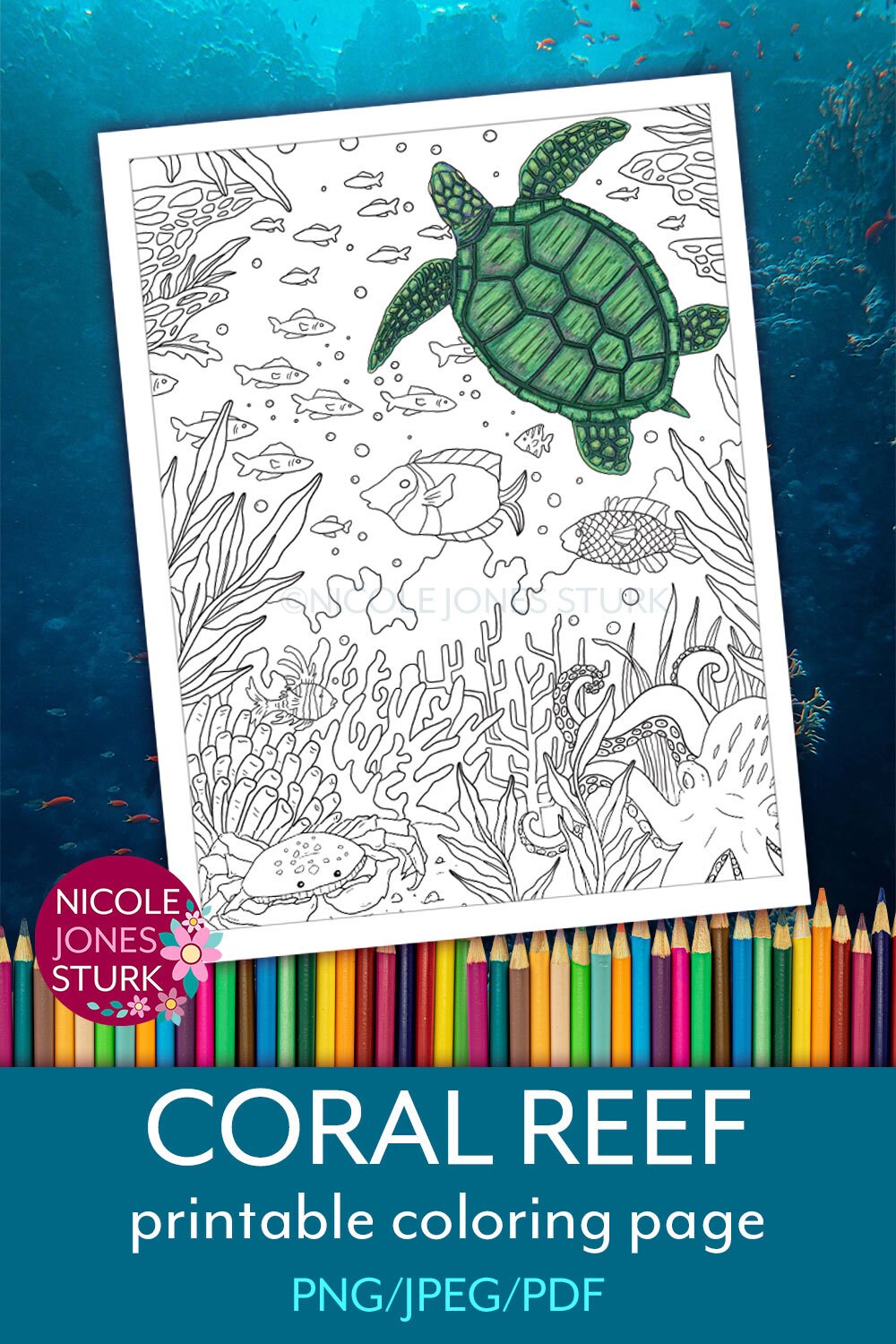 Coral reef ocean printable coloring page digital adult coloring page for procreate jpg png pdf instant download