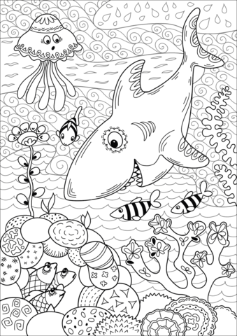 Shark hunting in coral reef coloring page free printable coloring pages