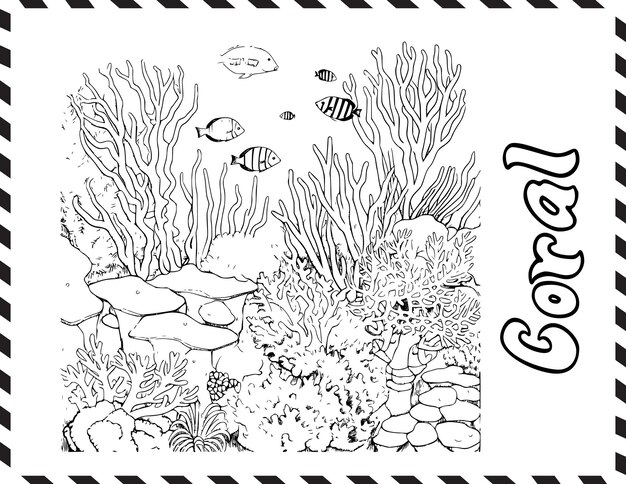 Premium vector coral reef coloring page drawing for kids