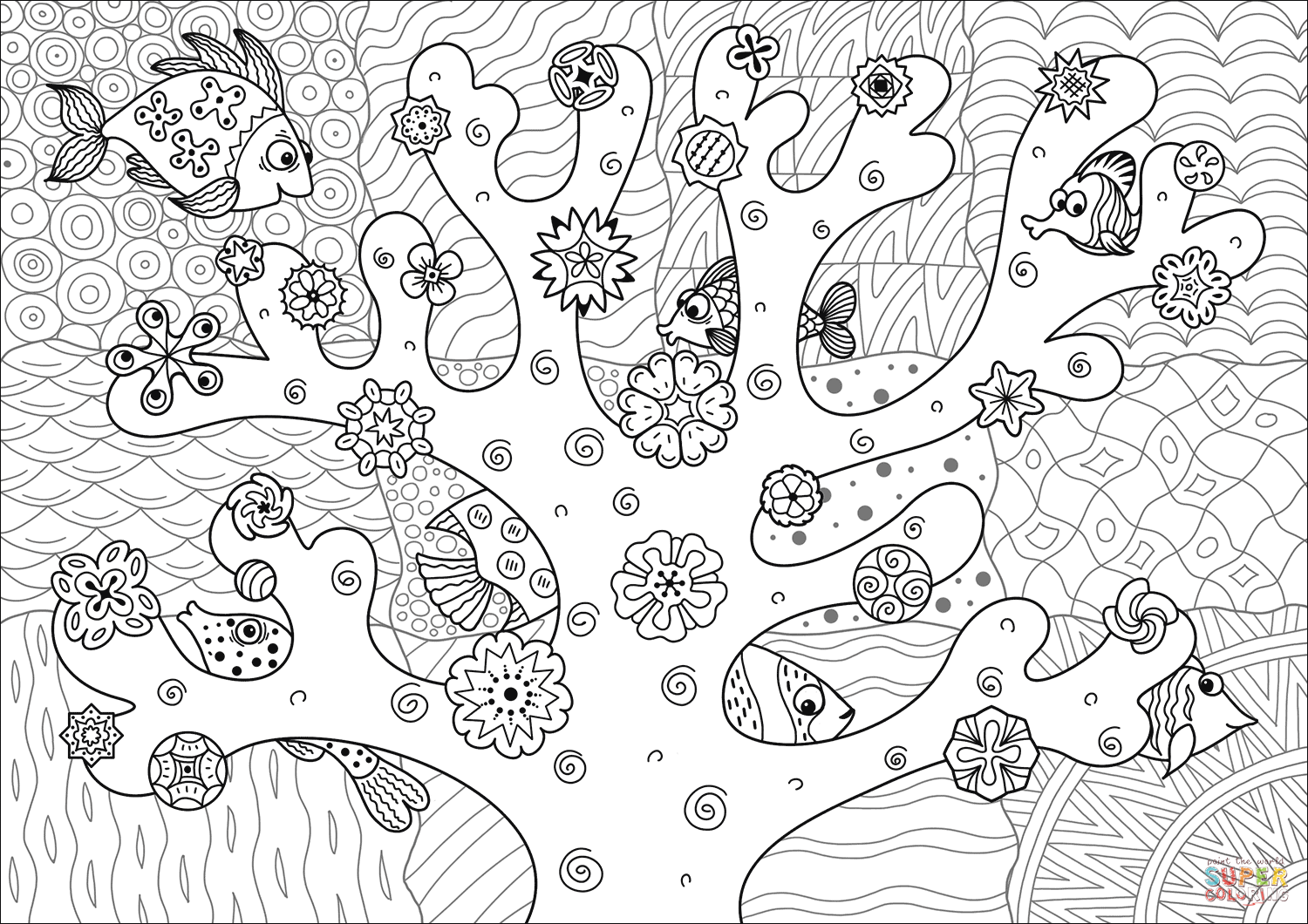 Find fish hidden in the coral reef coloring page free printable coloring pages