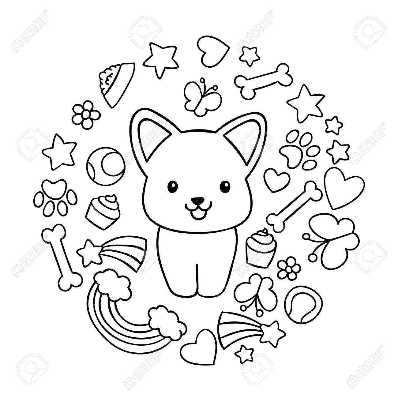 Coloring pages black and white cute kawaii hand drawn corgi dog doodles circle print print royalty free svg cliparts vectors and stock illustration image