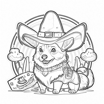 Digital printable coloring book pics corgi in the wild west tpt