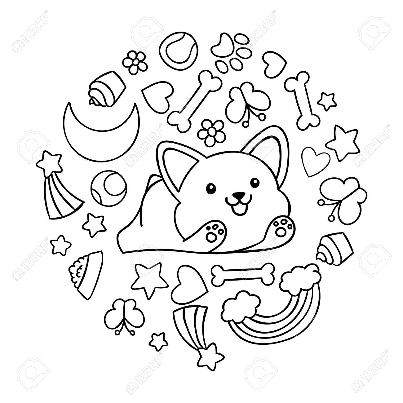 Coloring pages black and white cute kawaii hand drawn corgi dog doodles circle print print royalty free svg cliparts vectors and stock illustration image