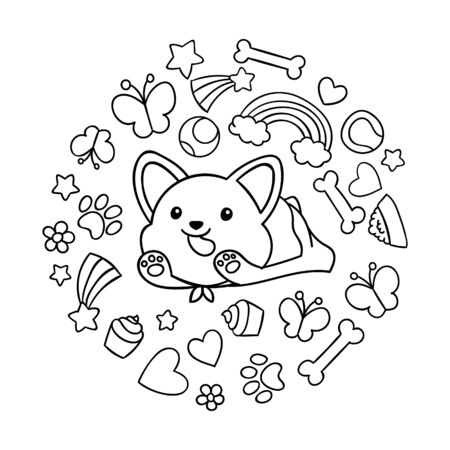 Coloring pages black and white cute kawaii hand drawn corgi dog doodles circle print print