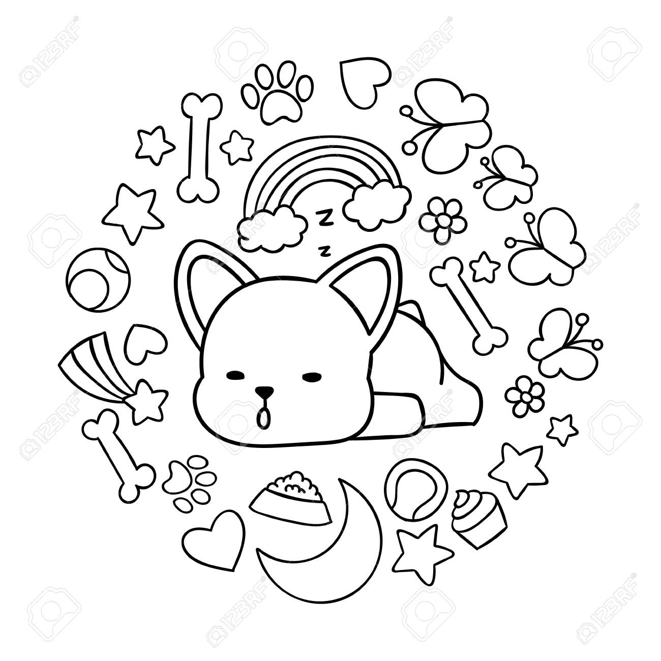 Coloring pages black and white cute kawaii hand drawn corgi dog doodles circle print print royalty free svg cliparts vectors and stock illustration image