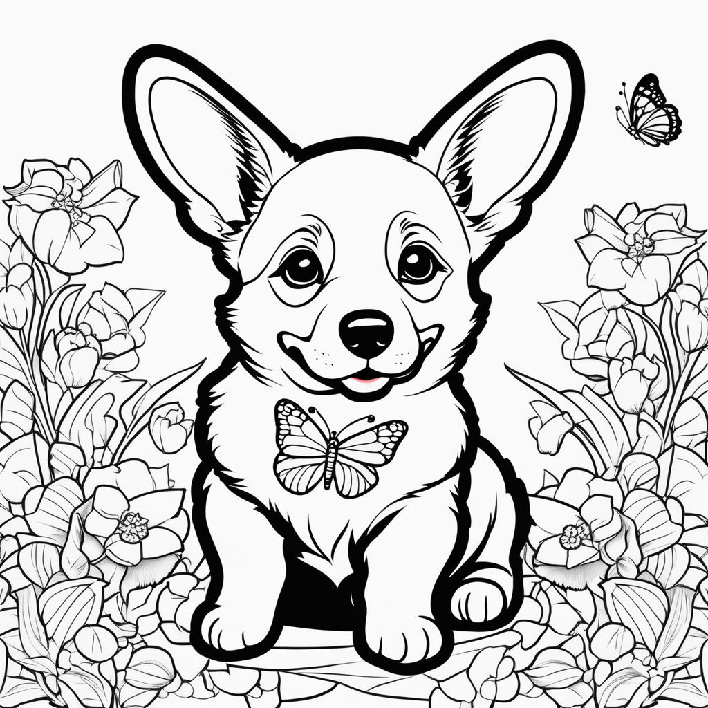 Simplistic flat colour cute anime corgi dog kawaii drawn in crayon