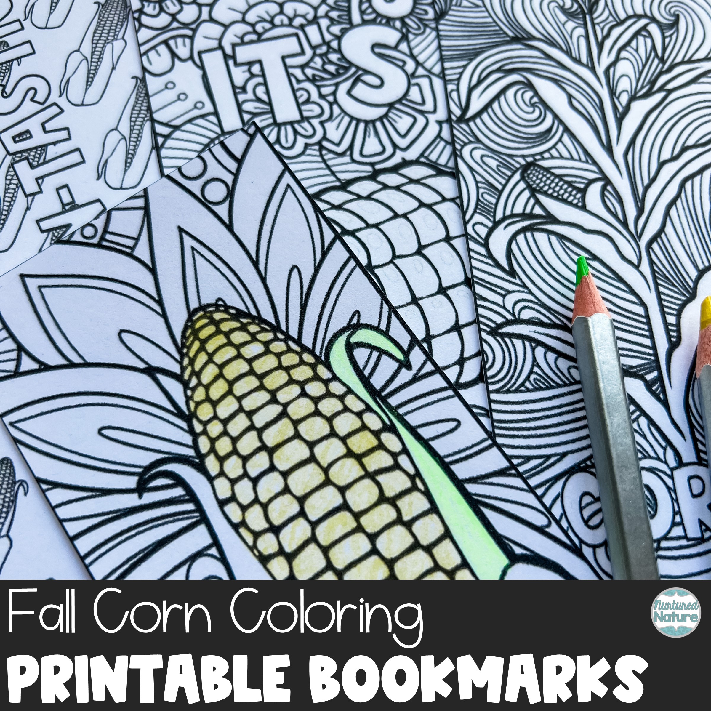 Corn zentangle coloring sheet bookmarks for fall made by teachers