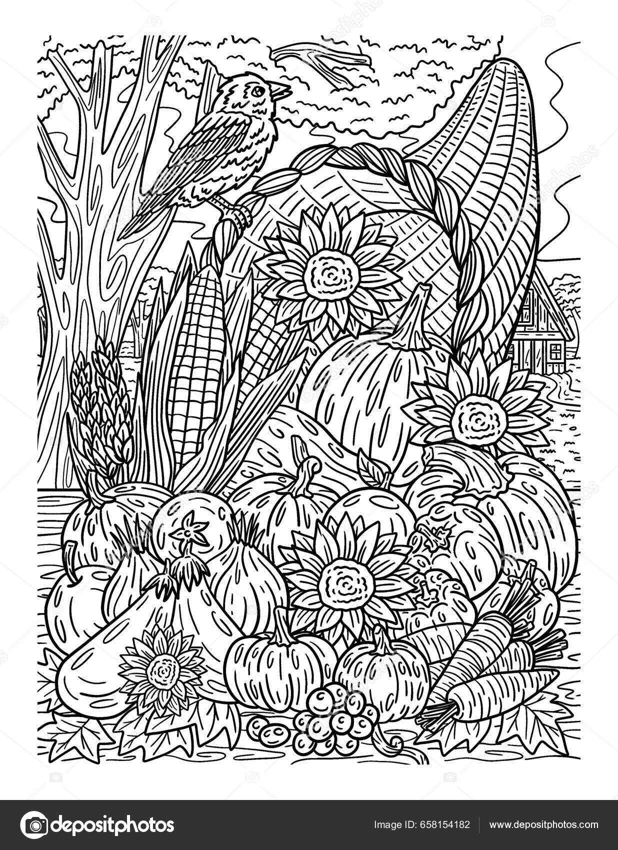 Cute beautiful coloring page thanksgiving cornucopia harvest provides hours coloring stock vector by abbydesign