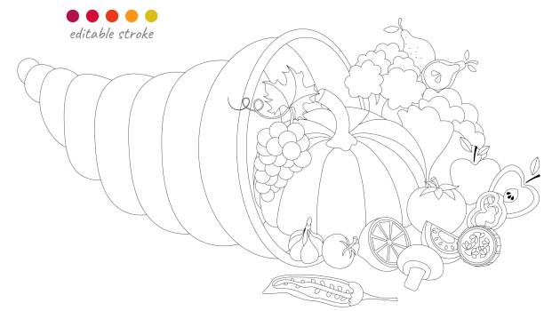 Still life with cornucopia pumpkin vegetables and fruits autumn collection relaxation coloring template stock illustration