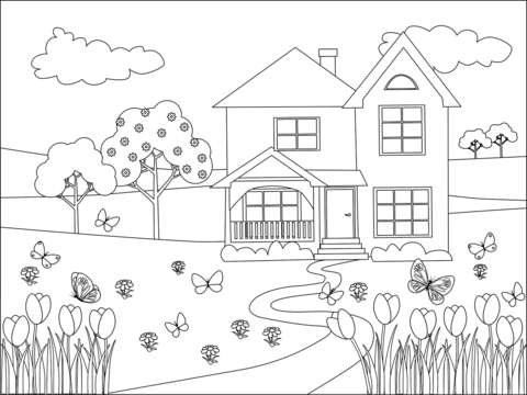 Spring flowers butterflies and country house coloring page free printable coloring pages