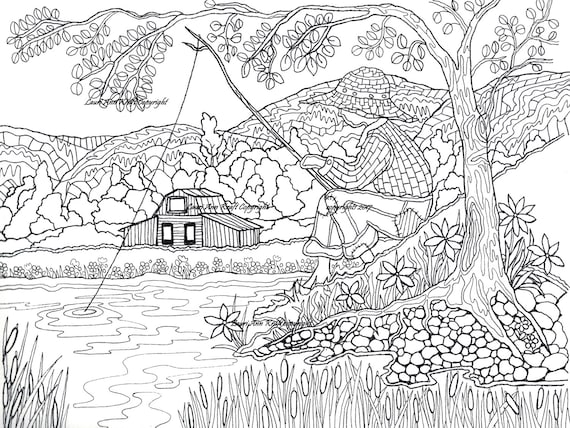 Boy fishing country printable adult coloring book page instant download zentangle pdf kraft color meditation download now