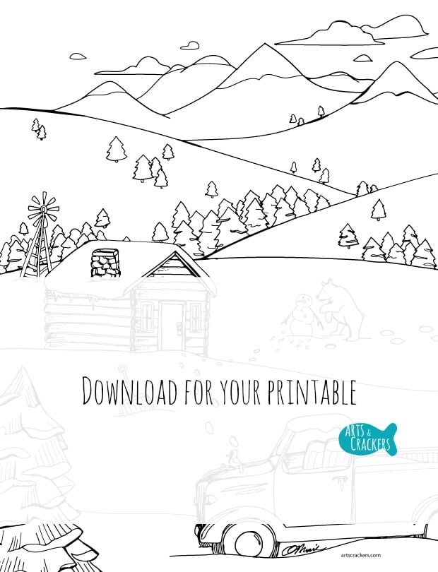 Snowy mountain country coloring page for winter