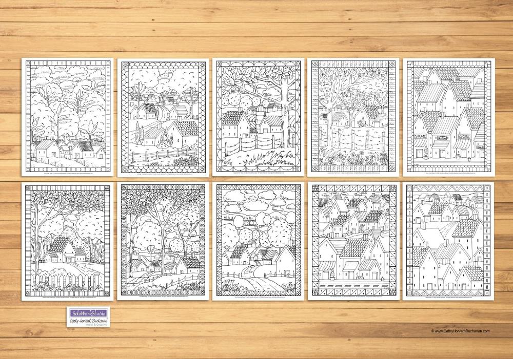 Folk art town country landscape coloring pages pack printable pdf â soloworkstudio