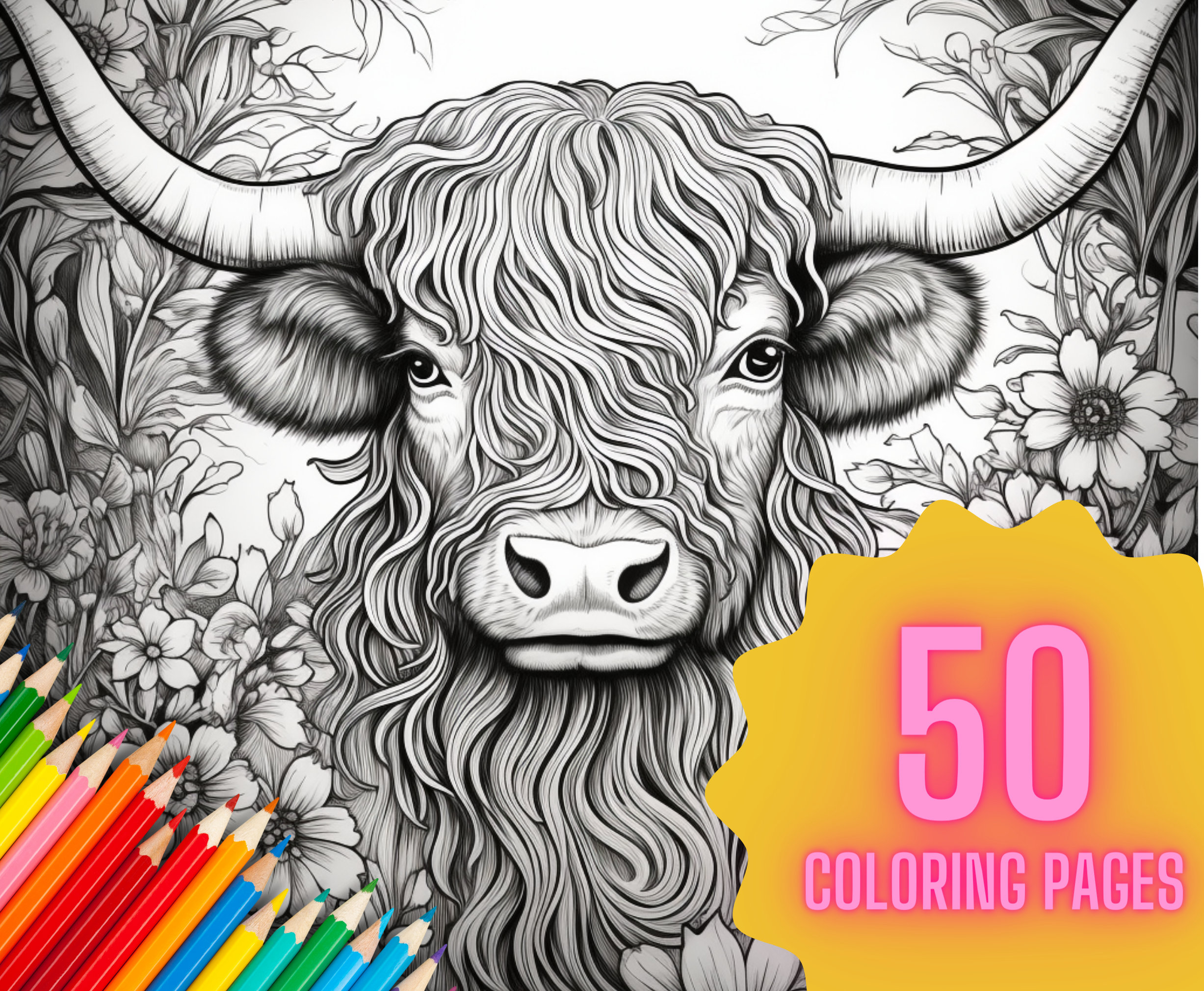 Floral highland cow print adult coloring page digital downloads