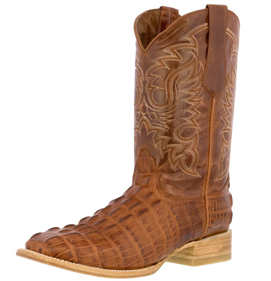 Mens cognac cowboy boots real leather pattern crocodile tail western square toe