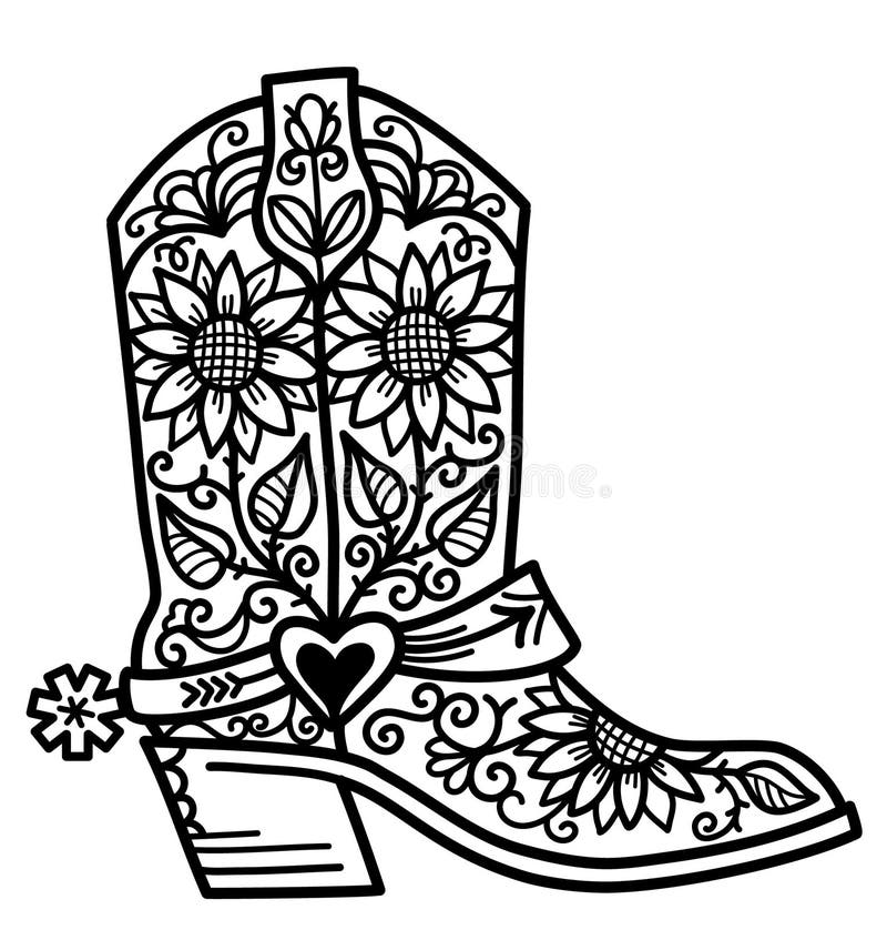 Cowboy boot floral decoration vector hand drawn illustration of cowboy boot with sunflowers decor printable outline style design stock vector