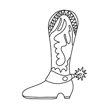 Premium vector hand drawn doodle with outline of retro cowboy boots with traditional pattern and star spur vector decorated cowgirl and cowboy boots in western style simple shoes of wild west