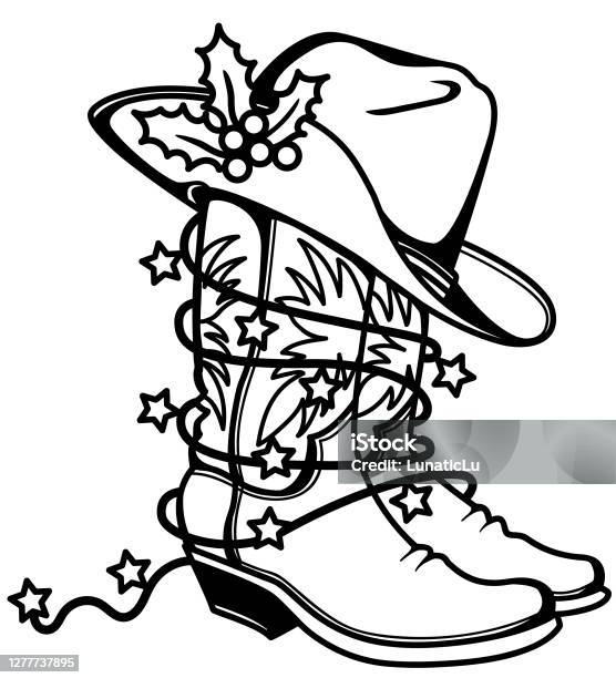 Cowboy christmas printable cowboy boots and hat with holiday lights western boots and hat stock illustration