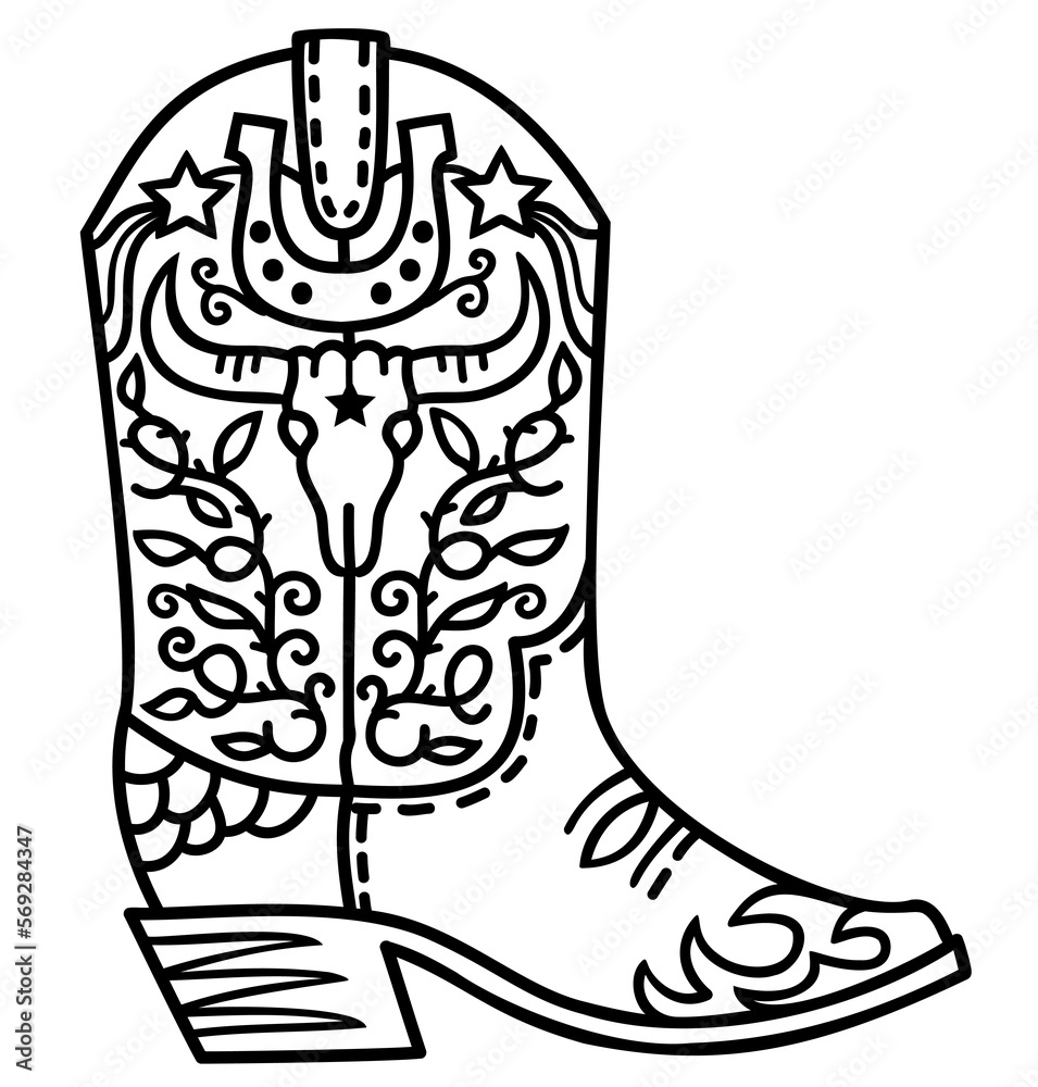 Cowboy boot with wild west decoration vector illustration vector american cowboy boot with bull skull and horseshoe decor black white graphic design isolated on white for coloring book or print vector