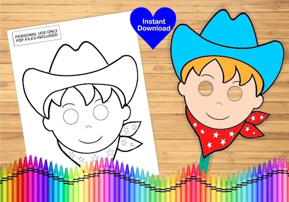 Cowboy mask coloring page printable classroom activity birthday party favor kids craft colouring sheet instant download