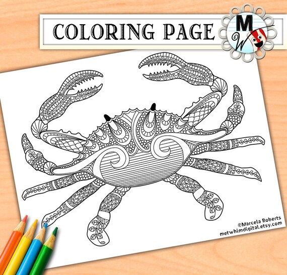 Crab coloring page nautical sea life coloring page instant digital download of a printable coloring page for kids and adults