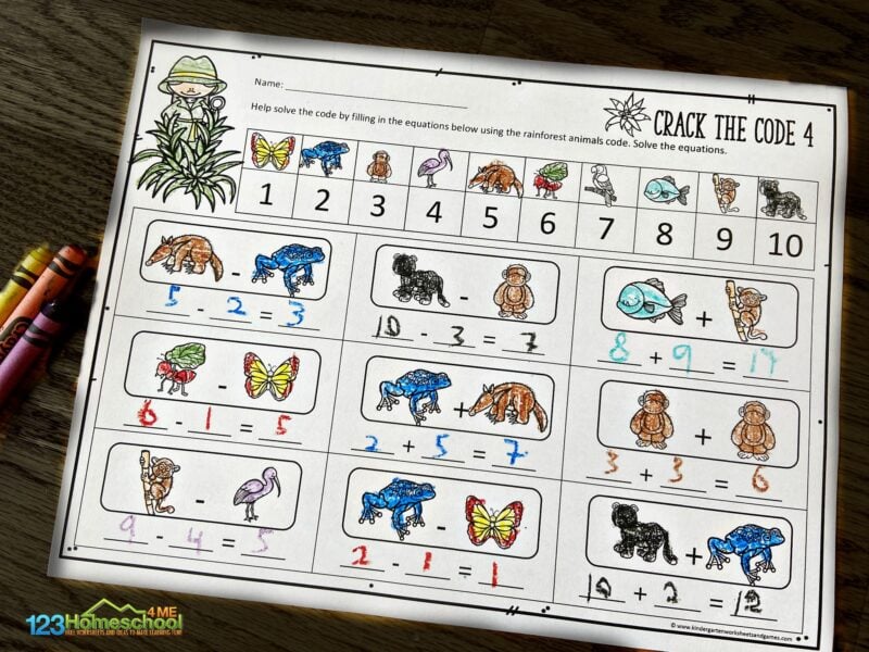 Free printable crack the code kindergarten addition math worksheet s