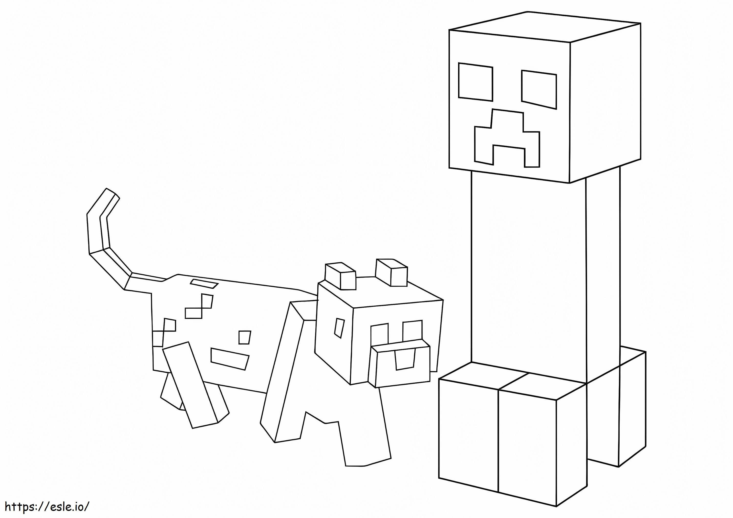 Creeper and dog in minecraft coloring page