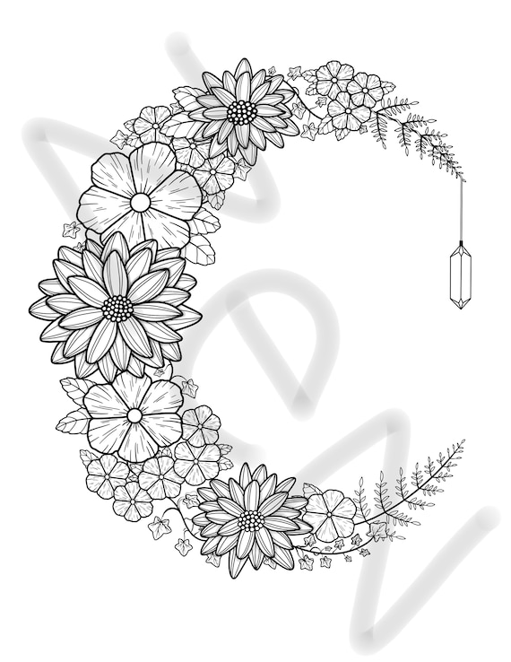 Buy floral moon printable coloring page printable adult coloring pages floral coloring sheets flower coloring page for adults stress relief online in india