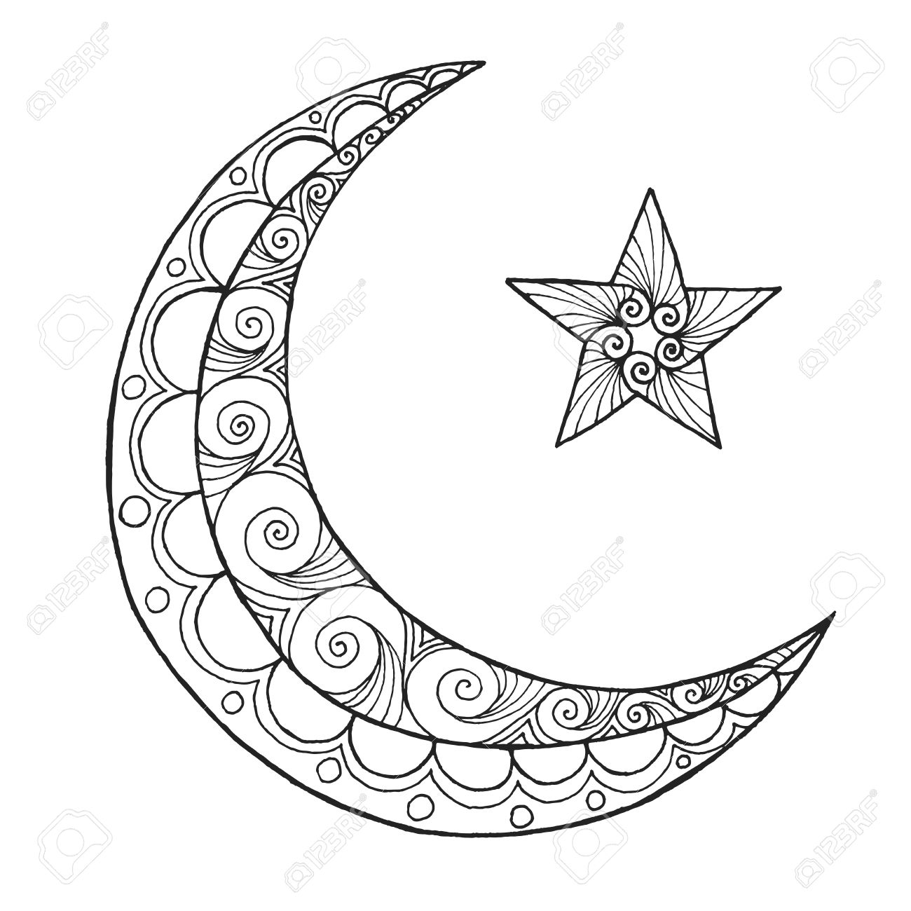 Ramadan kareem half moon greeting design coloring page engraved vector illustration sketch for decoration poster print t