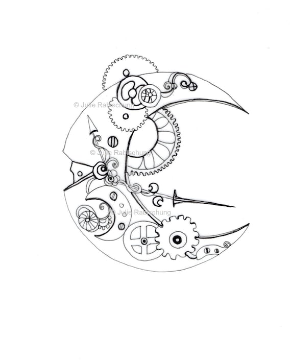 Steampunk moon coloring pagedigital coloring pageprintable moon coloring pageadult coloringblack and white lineart