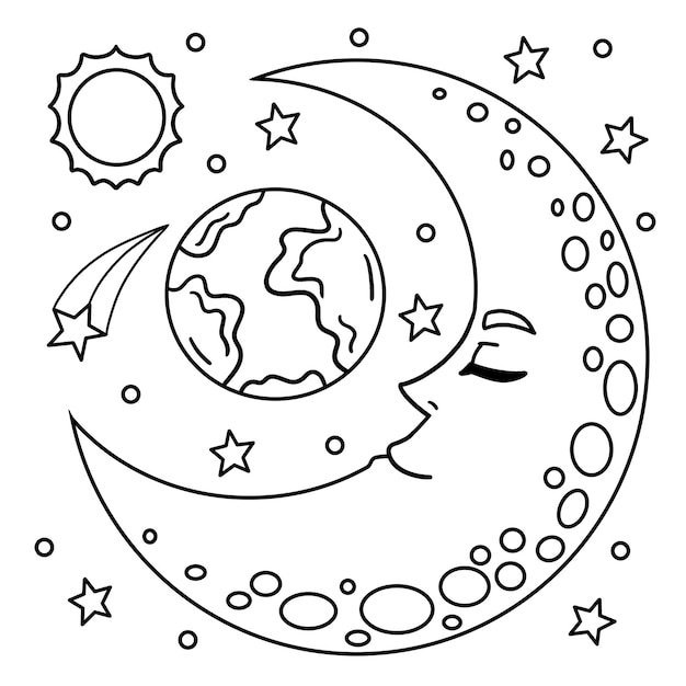 Premium vector sleeping crescent moon coloring page for kids