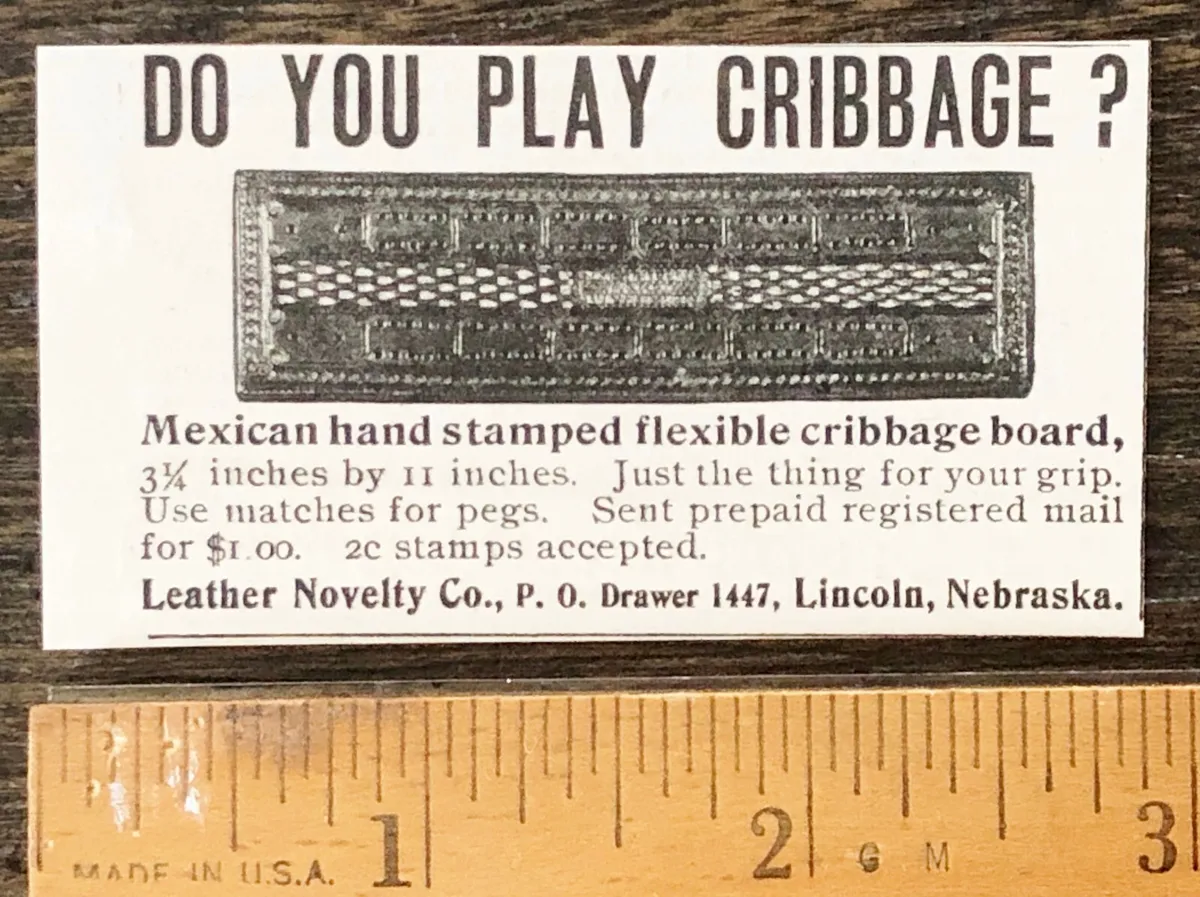 Vtg print ad for mexican hand stamped cribbage boardleather novelty cone