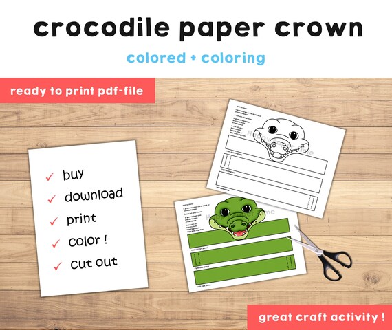 Crocodile paper crown party coloring printable kids craft safari birthday decor printable favor pdf costume diy printable instant download