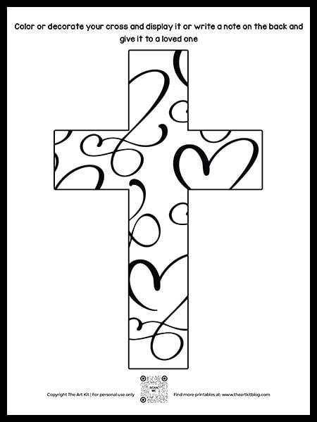 Free printable cross coloring page with hearts â the art kit