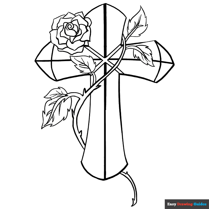 Cross with a rose coloring page easy drawing guides