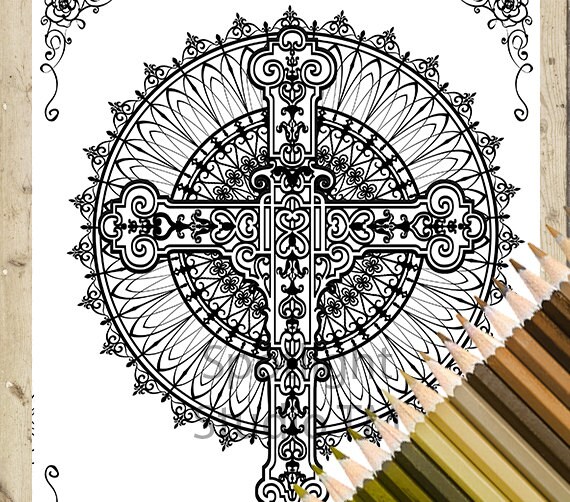 Cross adult coloring page printable color page adult coloring book page download and color gothic cross adult coloring page download