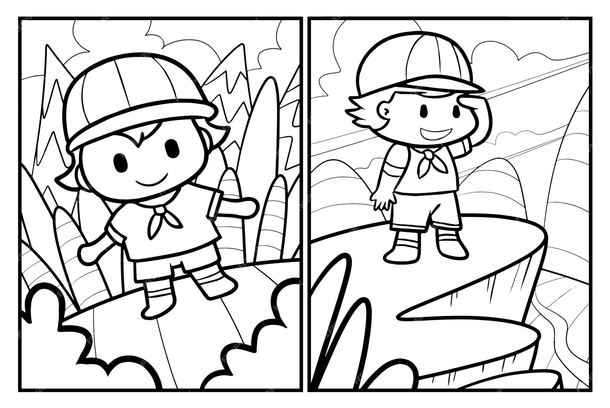 Premium vector funny boy scout cartoon coloring page