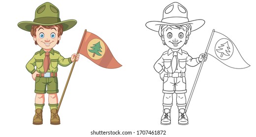 Vektor stok cute happy boy scout coloring page tanpa royalti