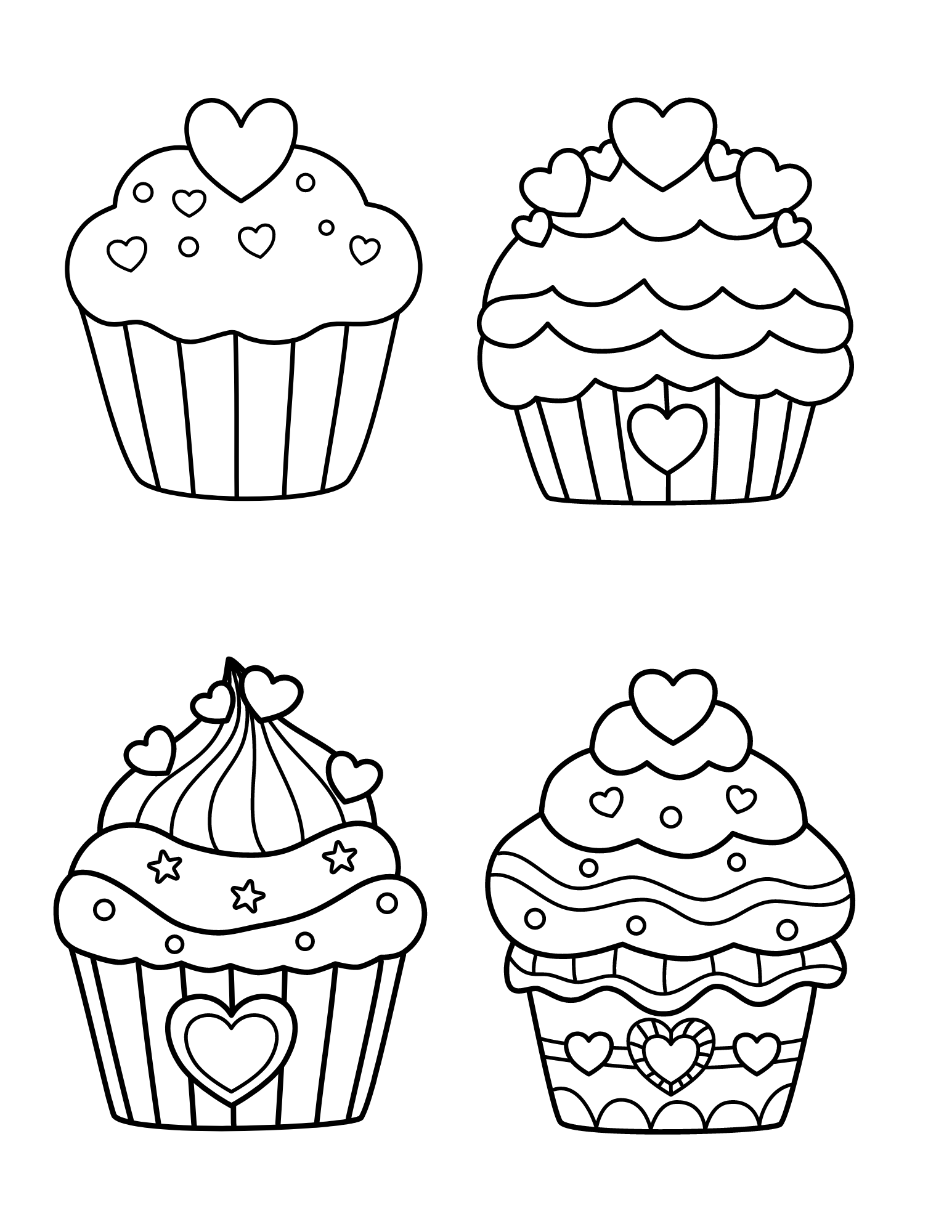 Print these cute cupcake coloring pages for kids and adults
